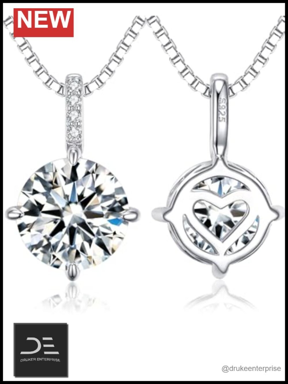 Moissanite Pendant Necklace S925 Sterling Silver 18K White Gold Plated 20in